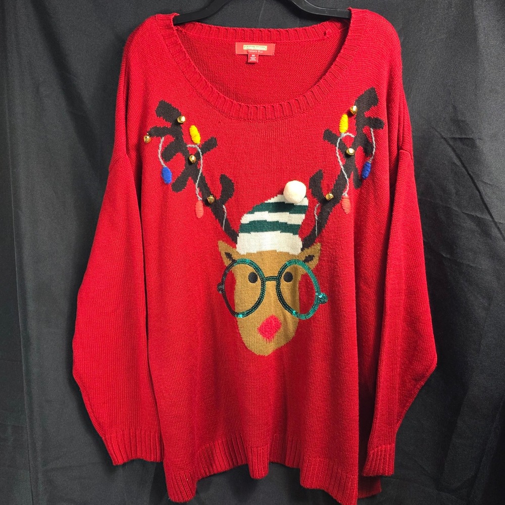 Holiday Traditions Women's Plus 3X Red Reindeer Christmas Sweater Lights Bells‎